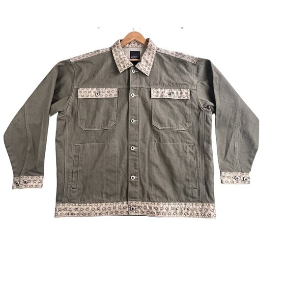 Godbody Jacket Men's 2XL Green Denim Button Up Monogram Trim Hip Hop Streetwear - Picture 1 of 16